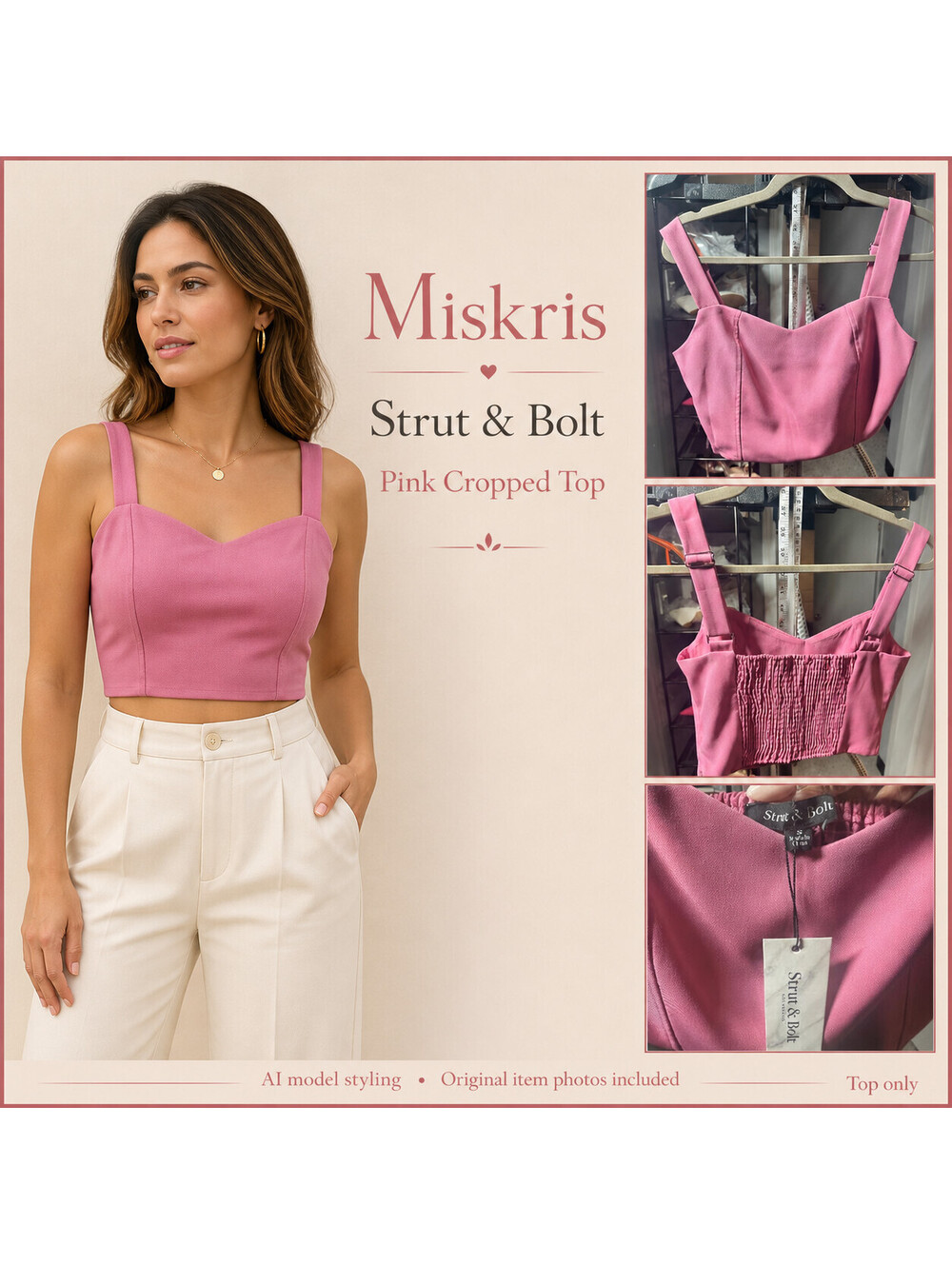 Strut & Bolt Pink Crop Top Small Sweetheart Adjustable Straps Smocked Back NWT